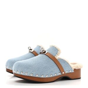Hermes Light Blue Denim Faux-Fur Clogs with Brown Strap